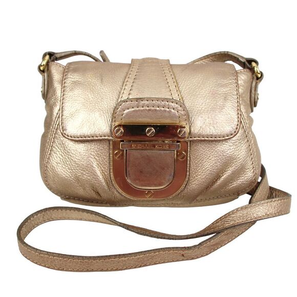 MICHAEL KORS ANTIQUE GOLD GENUINE LEATHER FLAP X-BODY SHOULDER BAG HANDBAG PURSE - Picture 1 of 14